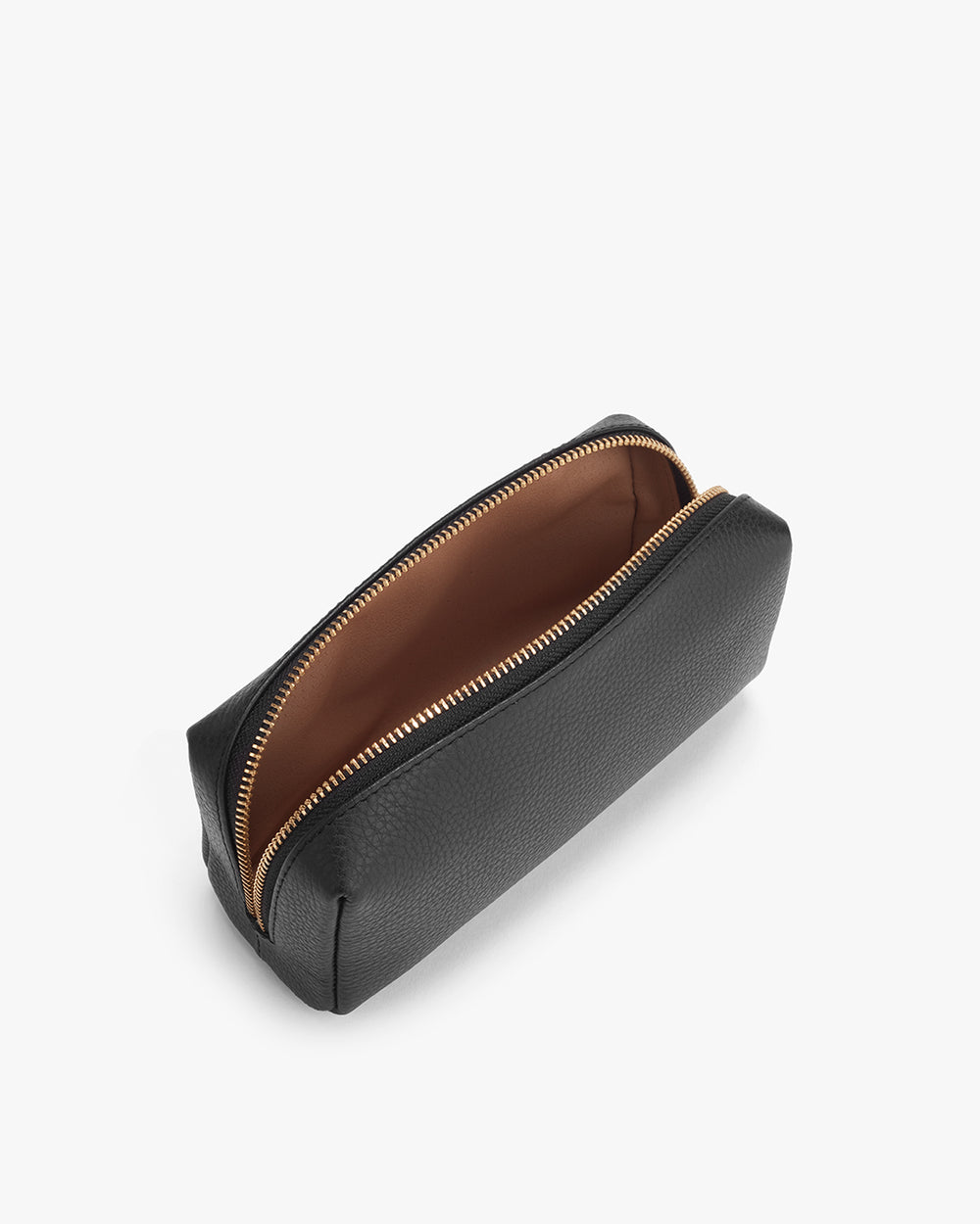 Zippered pouch open on a plain background