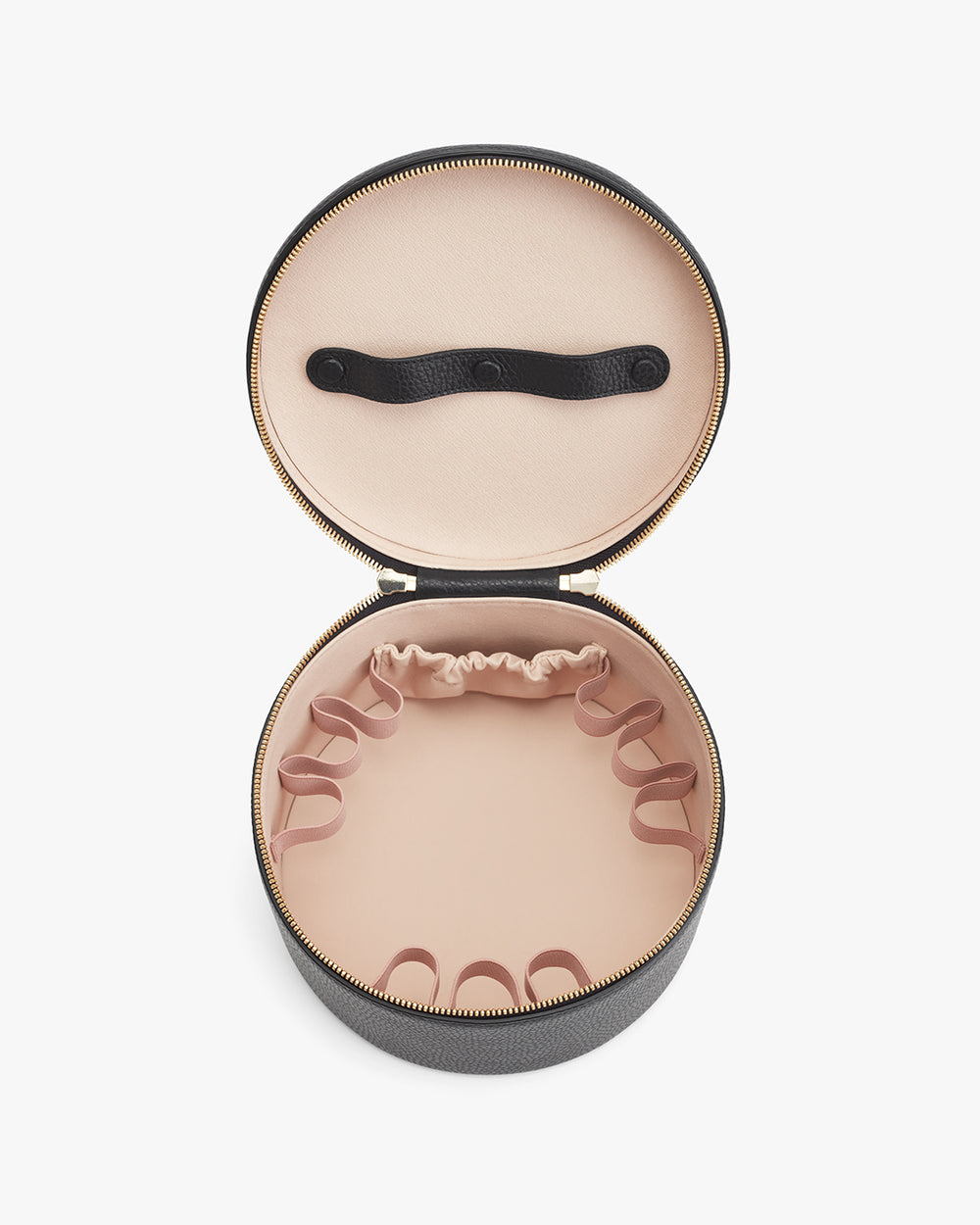 Open round case with a handle inside and slots along the bottom edge.