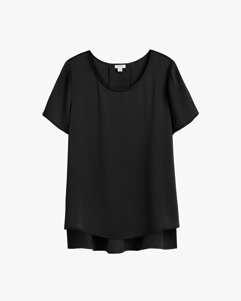 A short-sleeved blouse with a round neckline and layered hem.