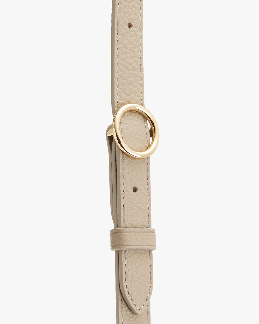 Belt with a circular buckle and stitched details.