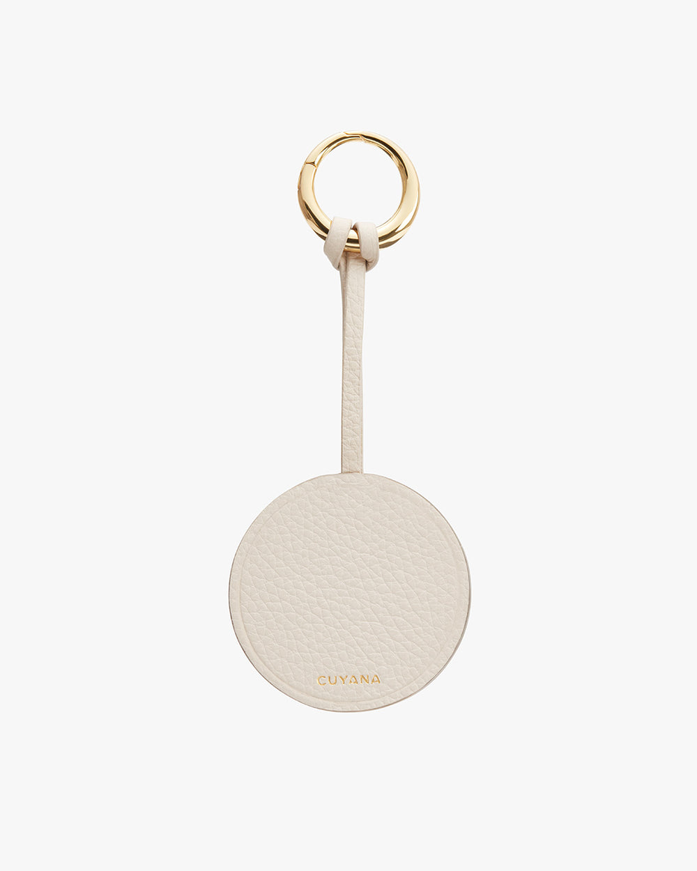 Keychain with a circular tag and metal ring, branded logo visible.