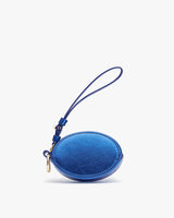 Small oval wristlet with a zipper and wrist strap.