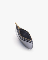Small open purse with a zipper on a plain background.