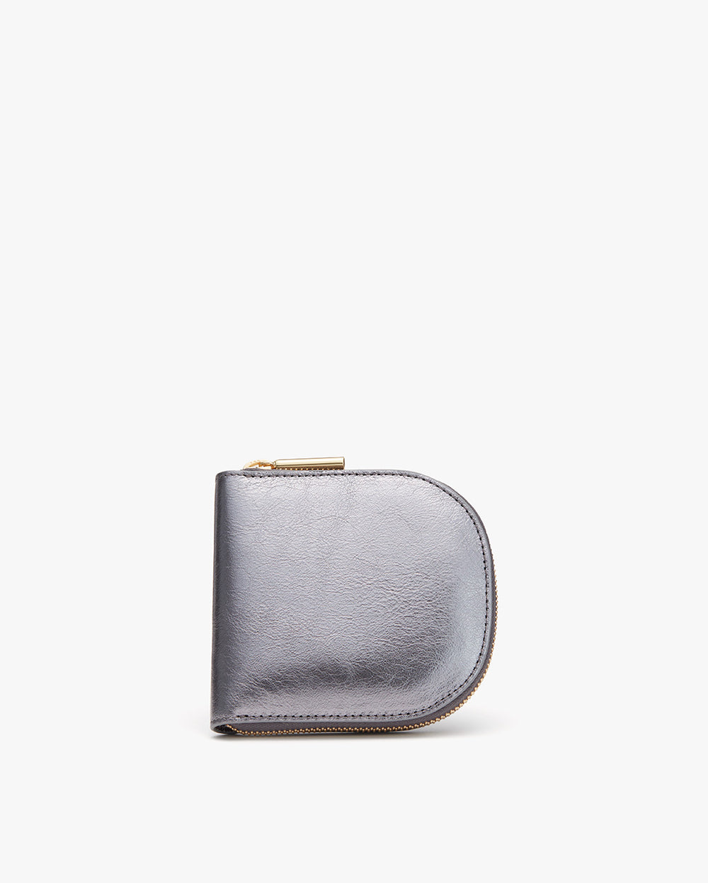 Small rounded zippered wallet with a metal bar on top.