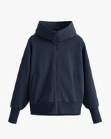 Hooded jacket with a high collar and front zip closure.