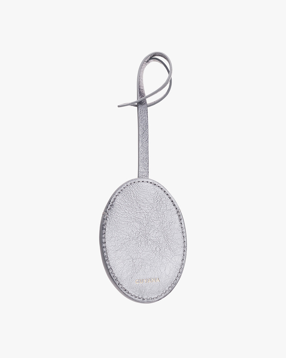 Oval keychain with a loop and pin closure attached at the top.