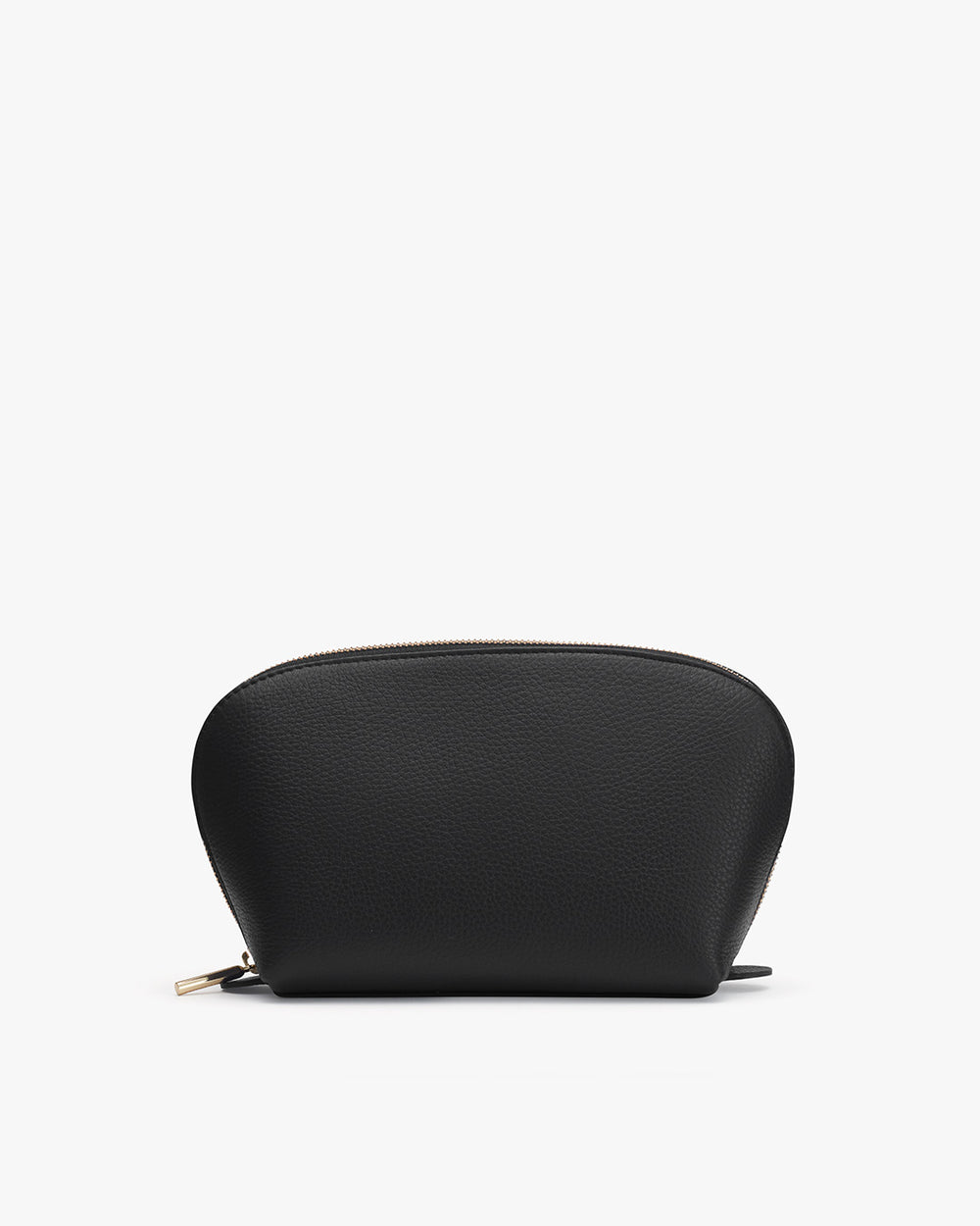 Small textured cosmetic bag with zipper on white background.