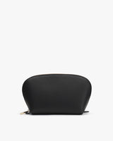 Small textured cosmetic bag with zipper on white background.