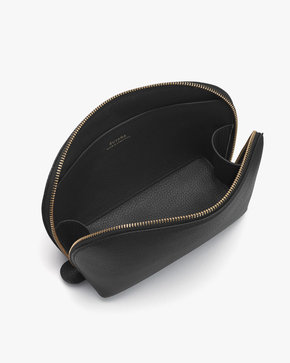 Open zipper pouch viewed from above.
