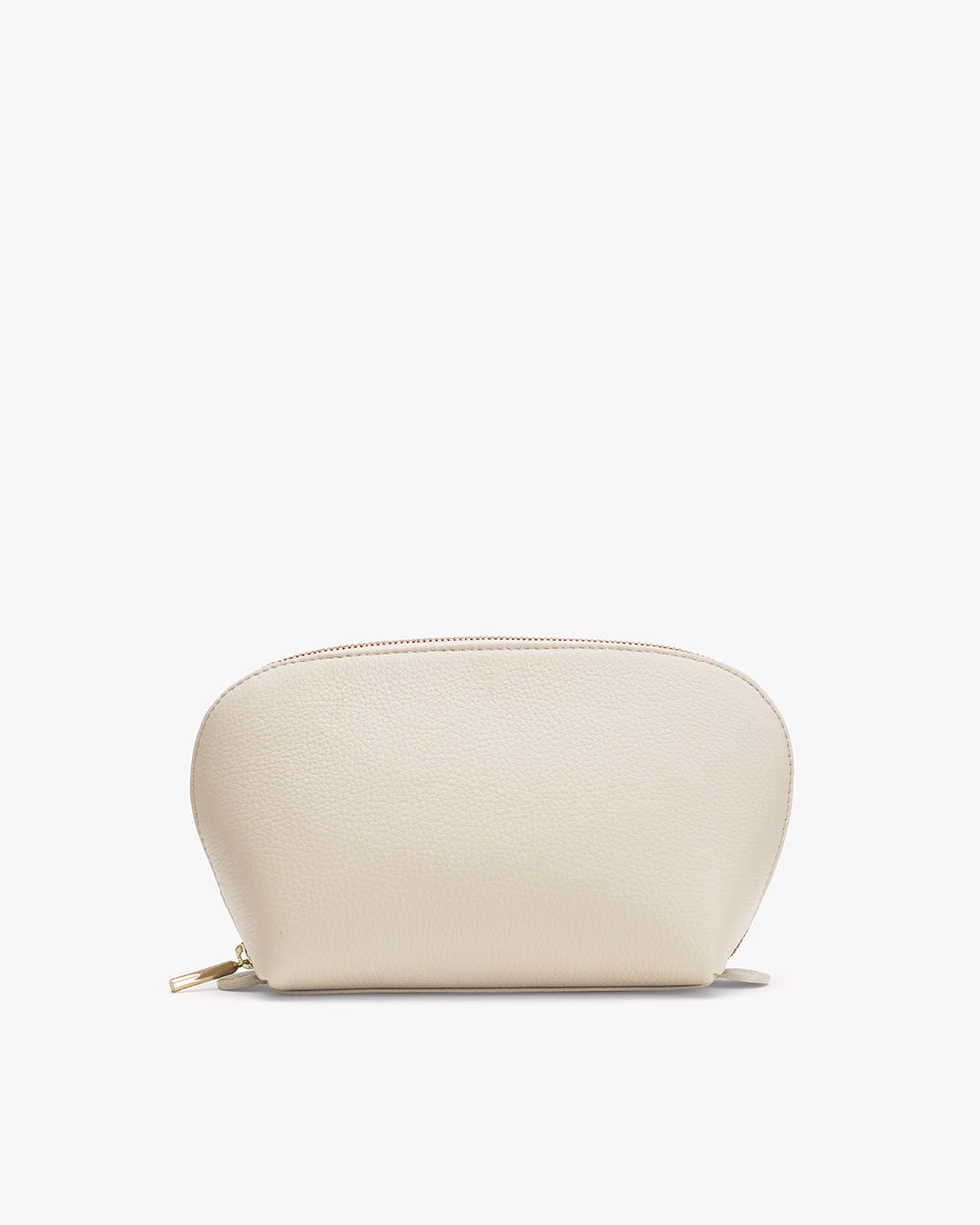 Cosmetic pouch with zipper on a plain background.