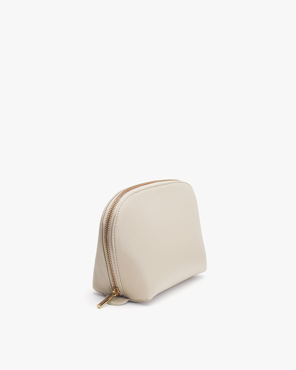 Small zippered cosmetic bag standing upright on a plain background.