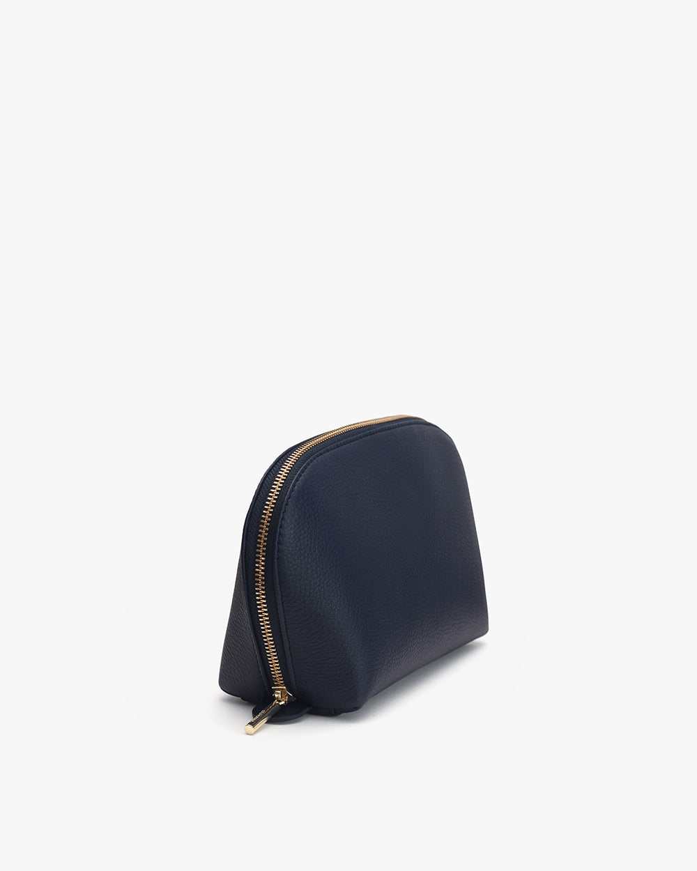 Small zipped cosmetic bag standing on a plain surface.