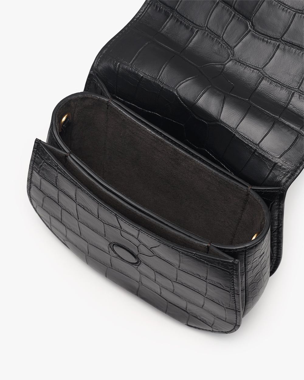 Open croc-embossed leather handbag with visible interior.