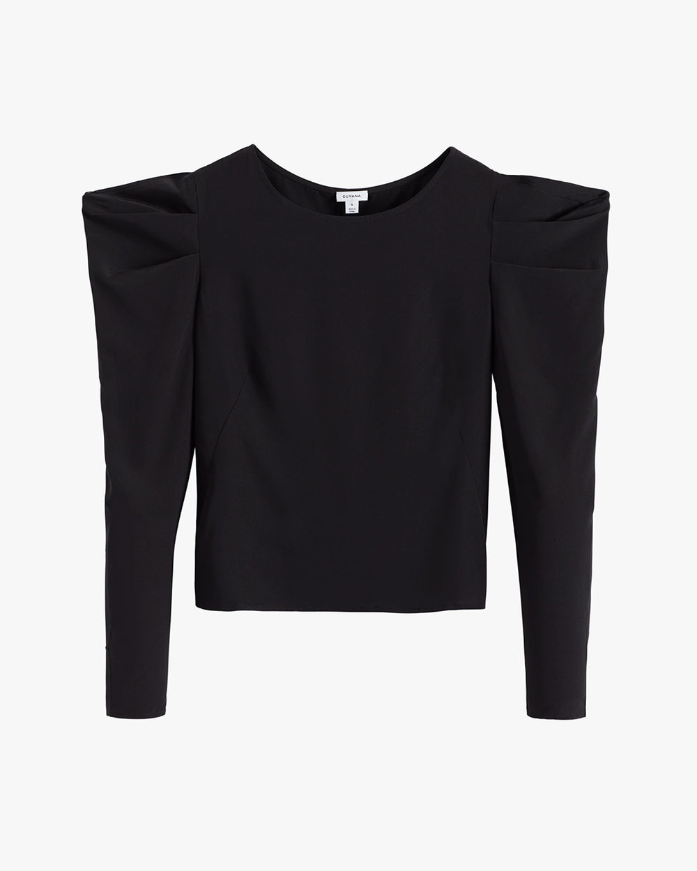 Long-sleeve top with shoulder pads displayed against a plain background.