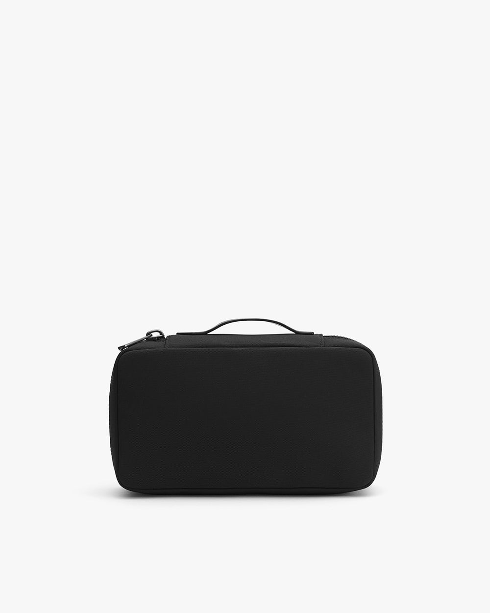 Rectangular bag with handle and zipper on plain background.