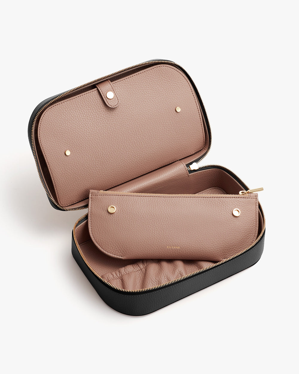 Open case with a smaller pouch inside, both on a plain background.