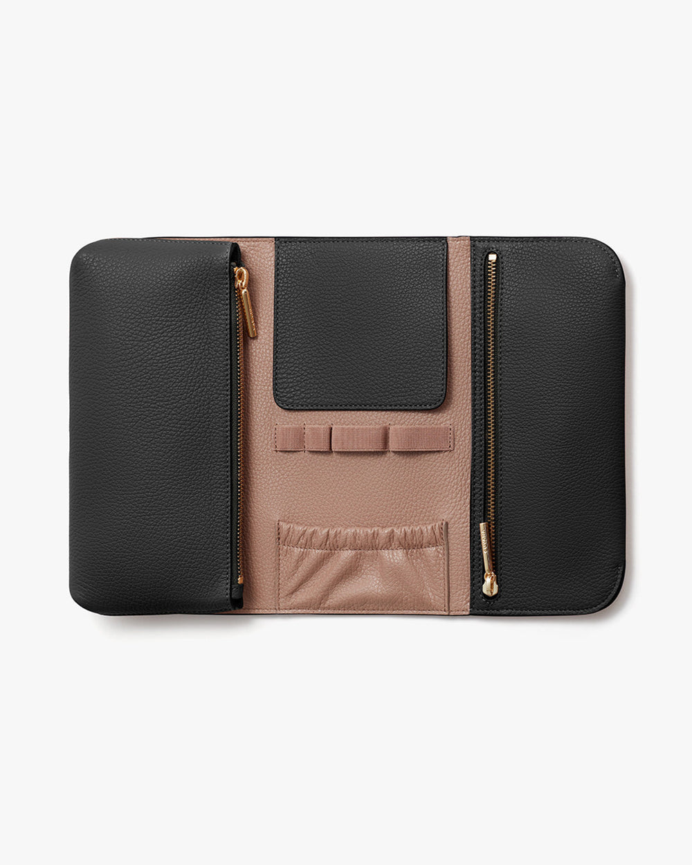 Travel Beauty Roll Leather wallet with multiple compartments and zippers on white background.