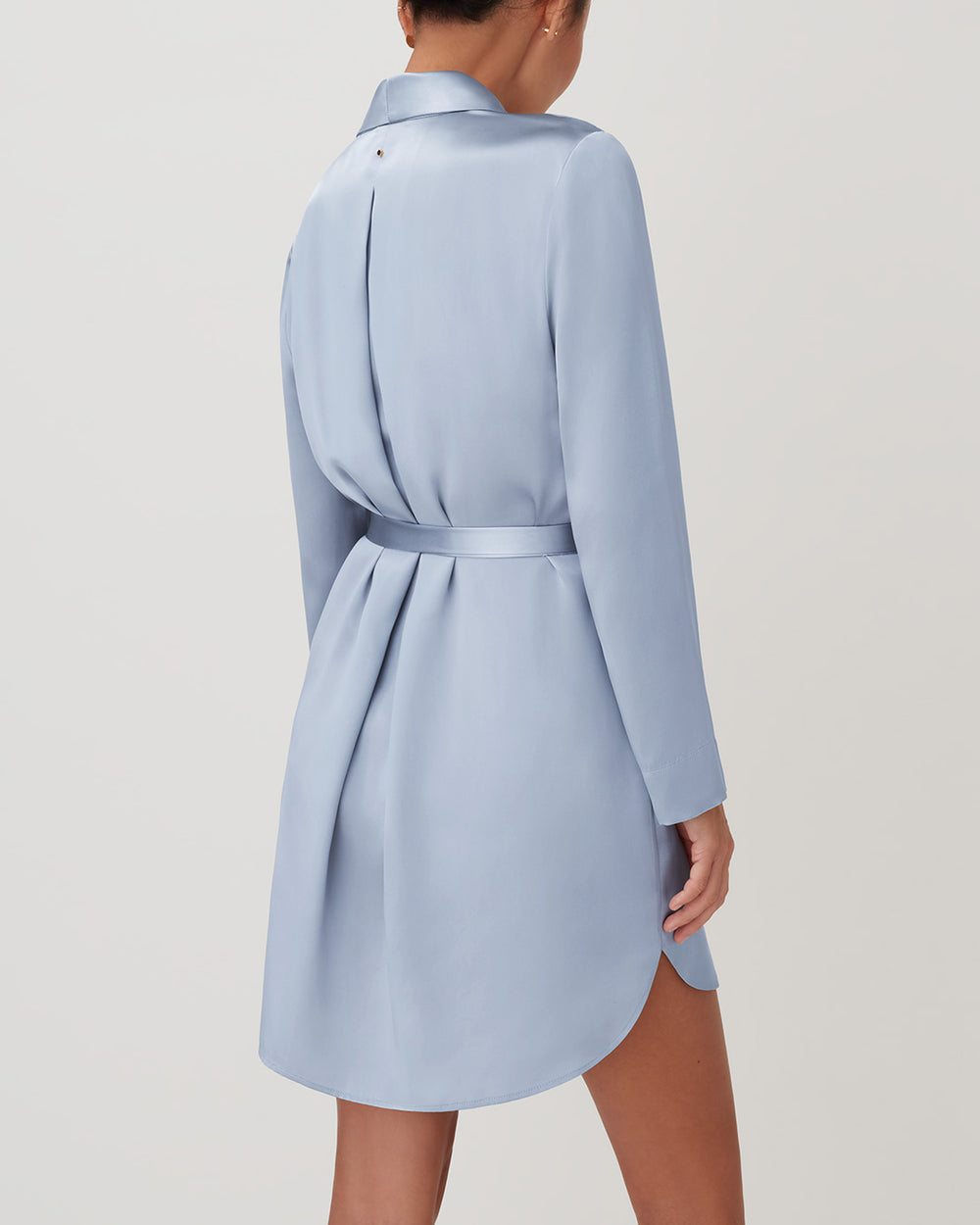Person seen from behind wearing a belted dress with a collar.
