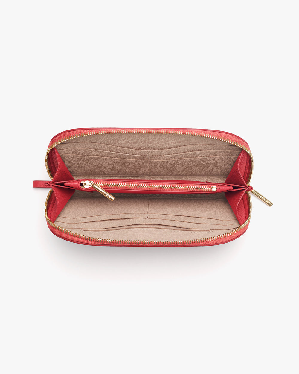 Duo Zip Wallet Open zippered wallet with card slots inside.