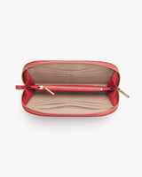 Open zippered wallet with card slots inside.