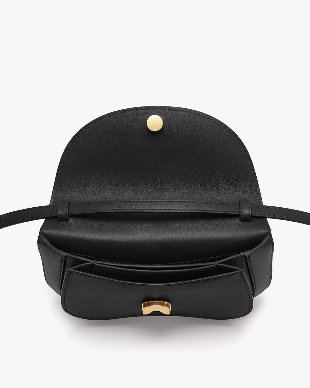 Open handbag showing interior and clasp details.