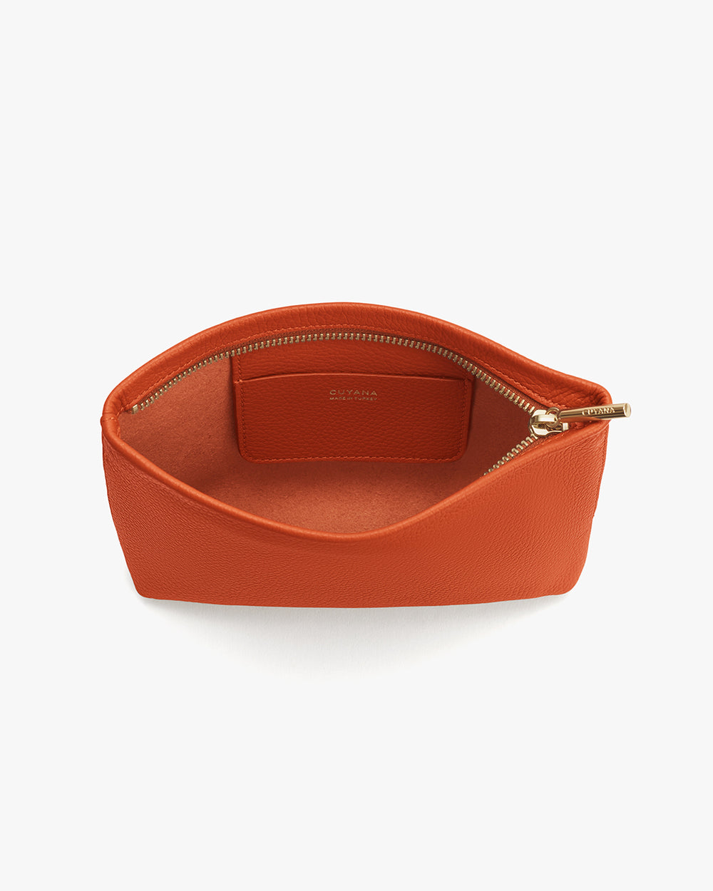 Mini Zipper Pouch Open pouch with visible zippered interior and gold zipper pull.