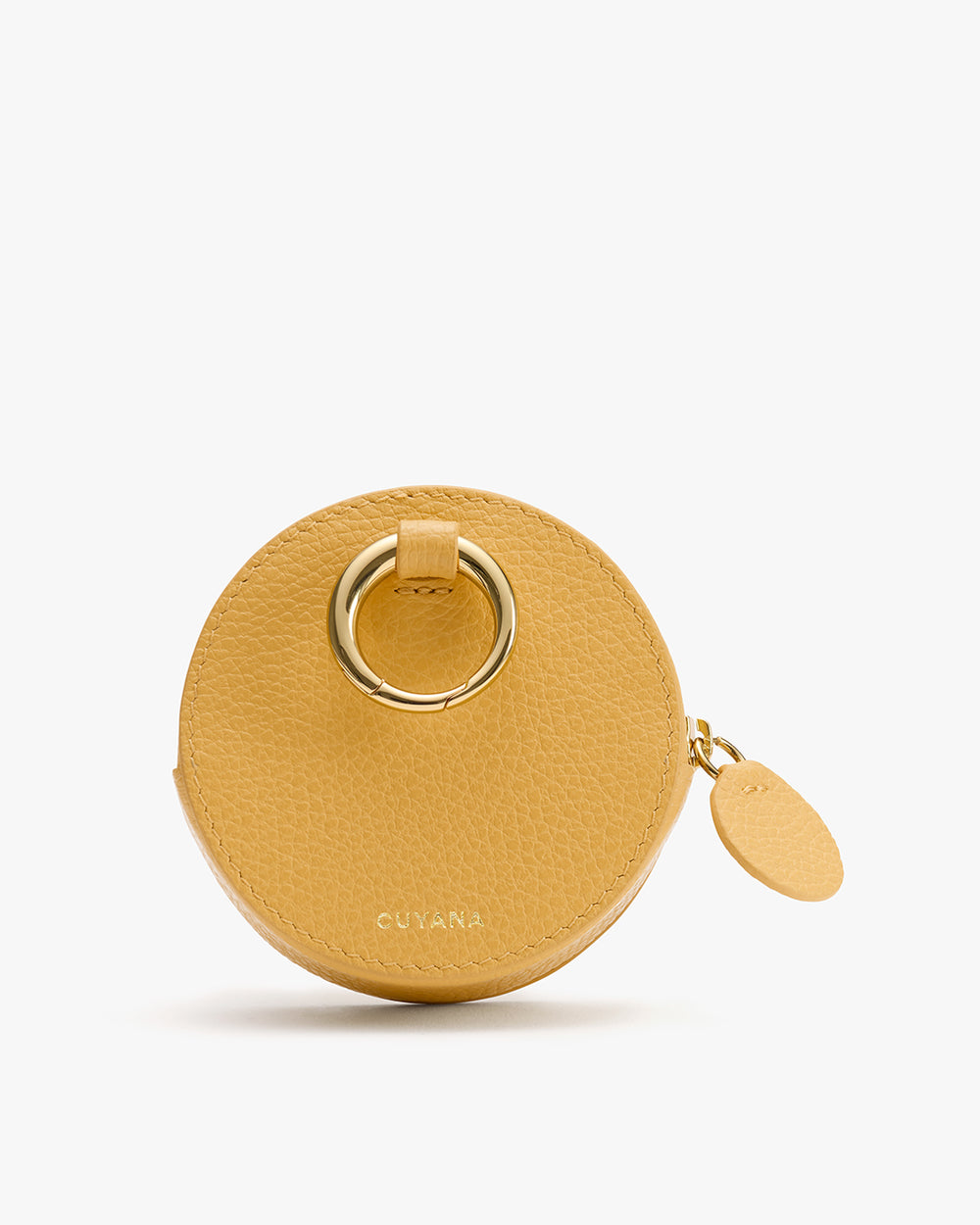 Round leather coin pouch with a zipper and a circular tag.