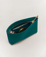 Pouch with zipper partially open, revealing items inside.