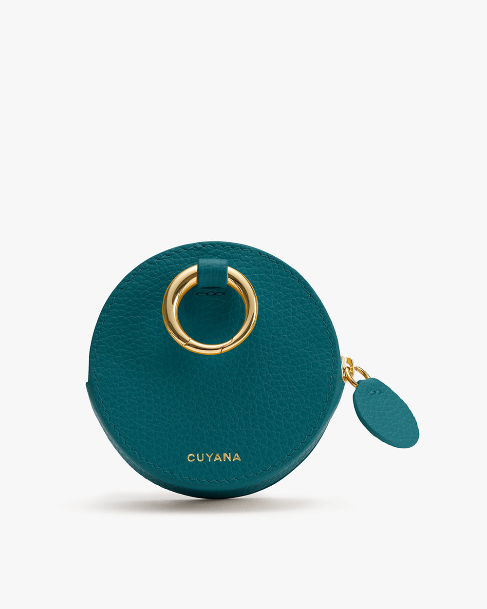 Round leather coin pouch with a zipper and metal ring detail.