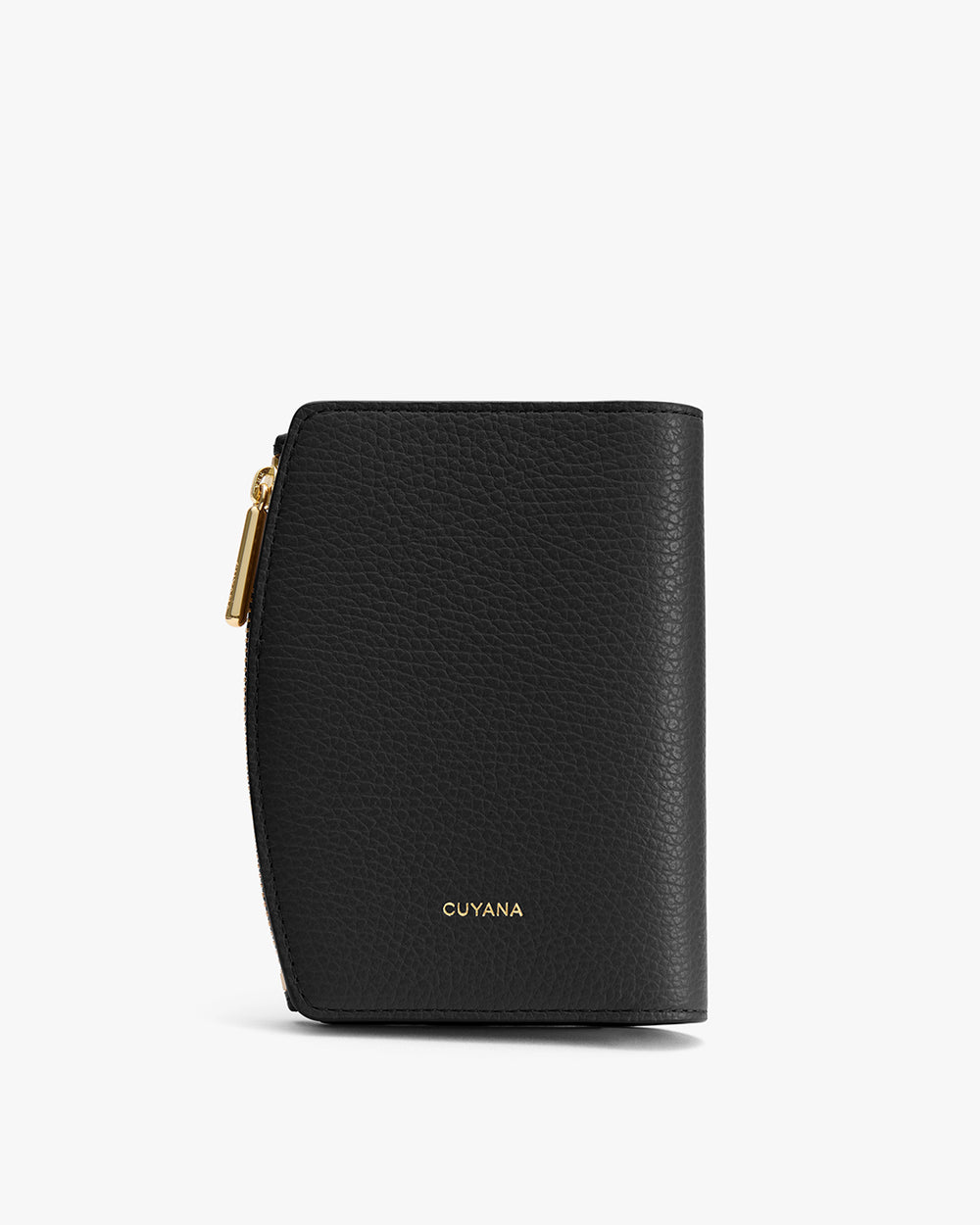 Small textured wallet with a zipper closure and a logo on the front.