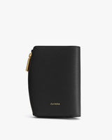 Small textured wallet with a zipper closure and a logo on the front.