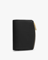 Small zip-around wallet on white background.