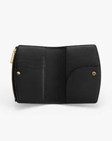 Open wallet with multiple compartments and a zipper pocket.