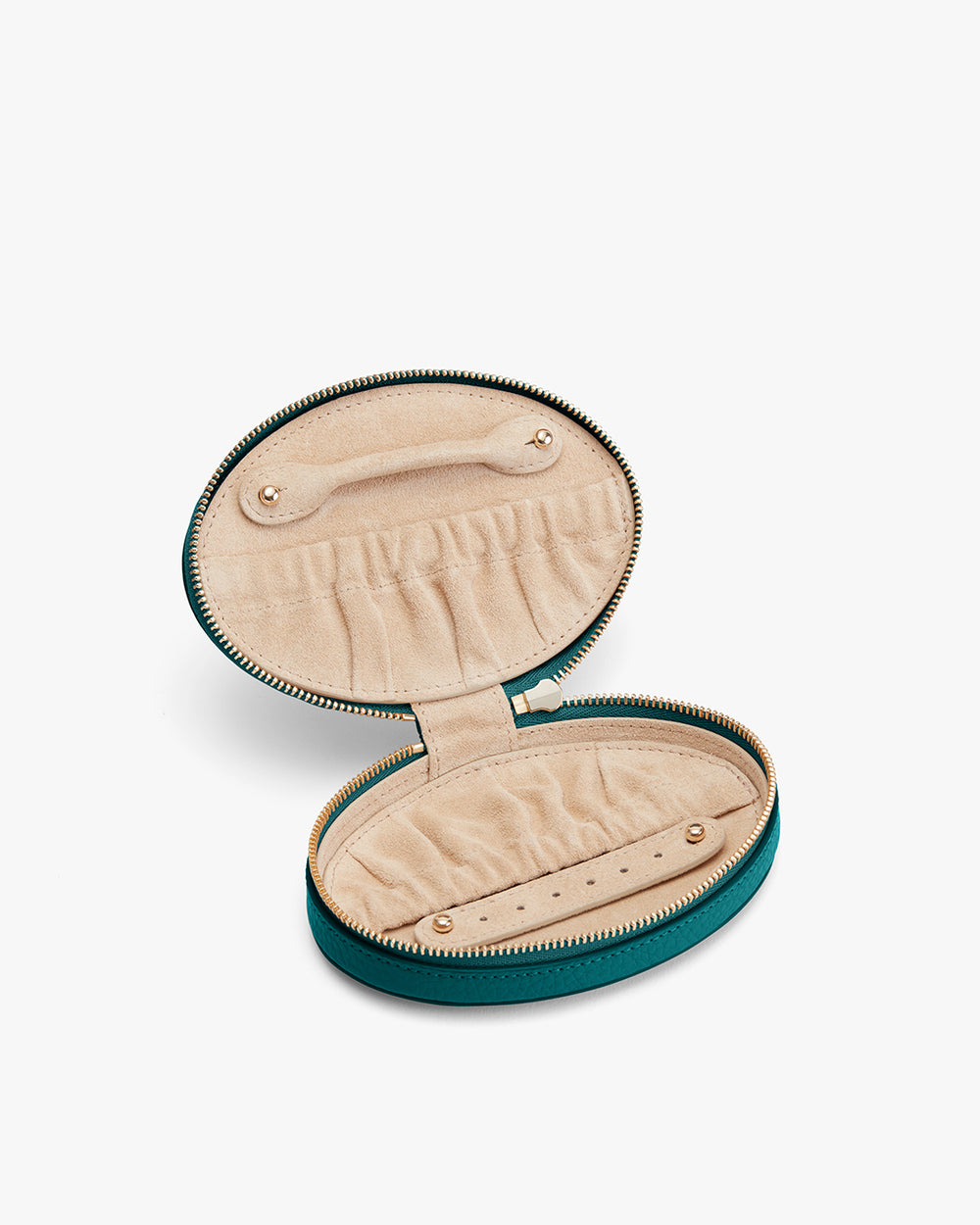 Travel Jewelry Case Oval-shaped jewelry case with padded interior and zip closure