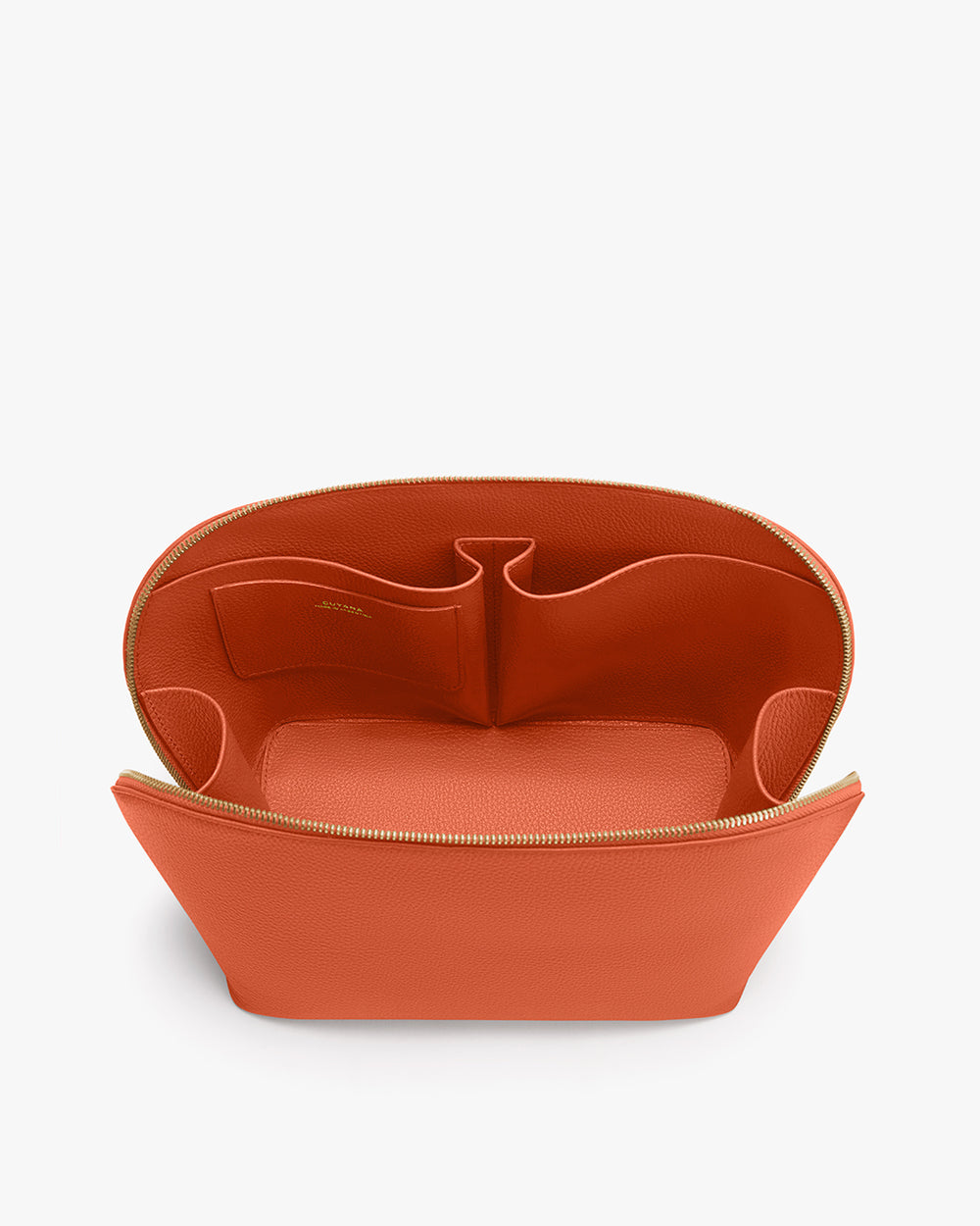 Voyager Travel Case Open handbag with multiple interior compartments and a zipper closure.