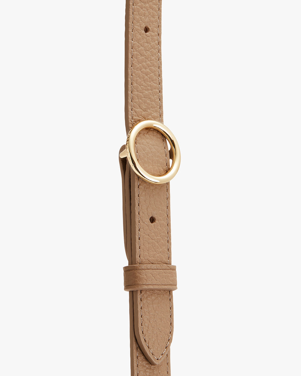 Leather strap with a circular metal buckle on it.
