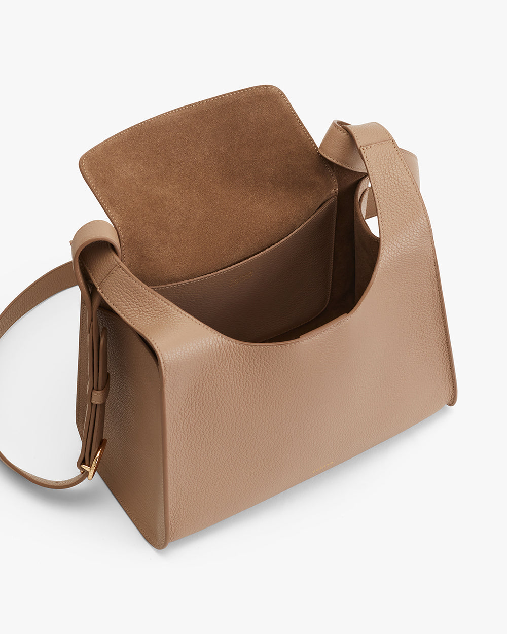 Open handbag with a flap and a shoulder strap.