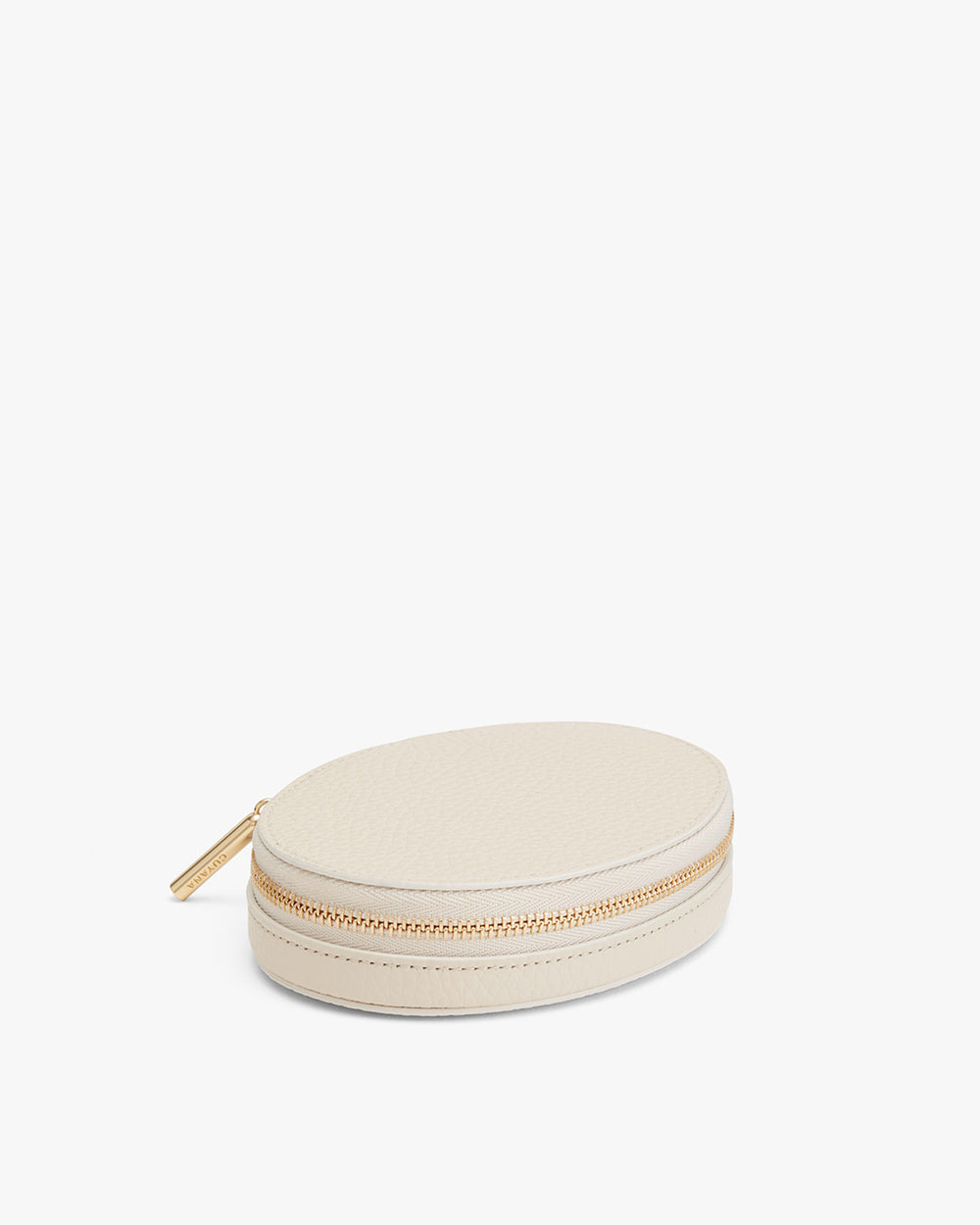 Small oval-shaped zippered case on a plain background.