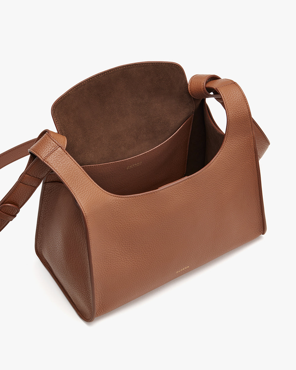 Open top handbag with an adjustable strap and interior view.