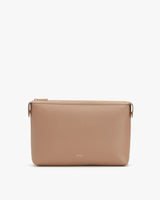 Rectangular clutch with zipper on a plain background