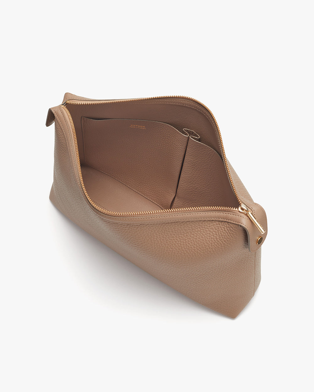 Open handbag with a zipper on a plain background.
