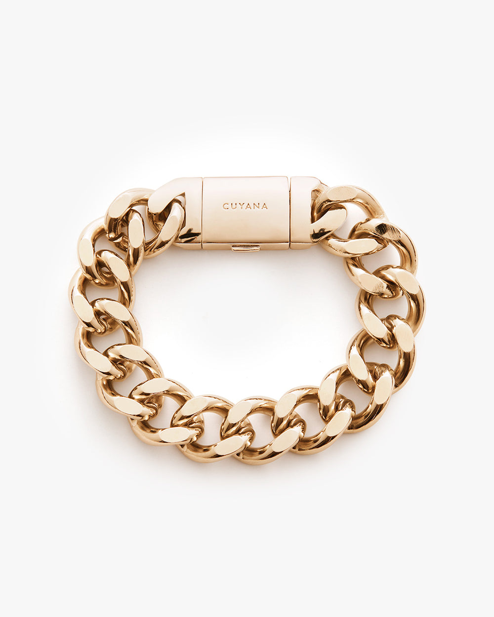 Thick chain bracelet with a clasp, displaying a brand name.