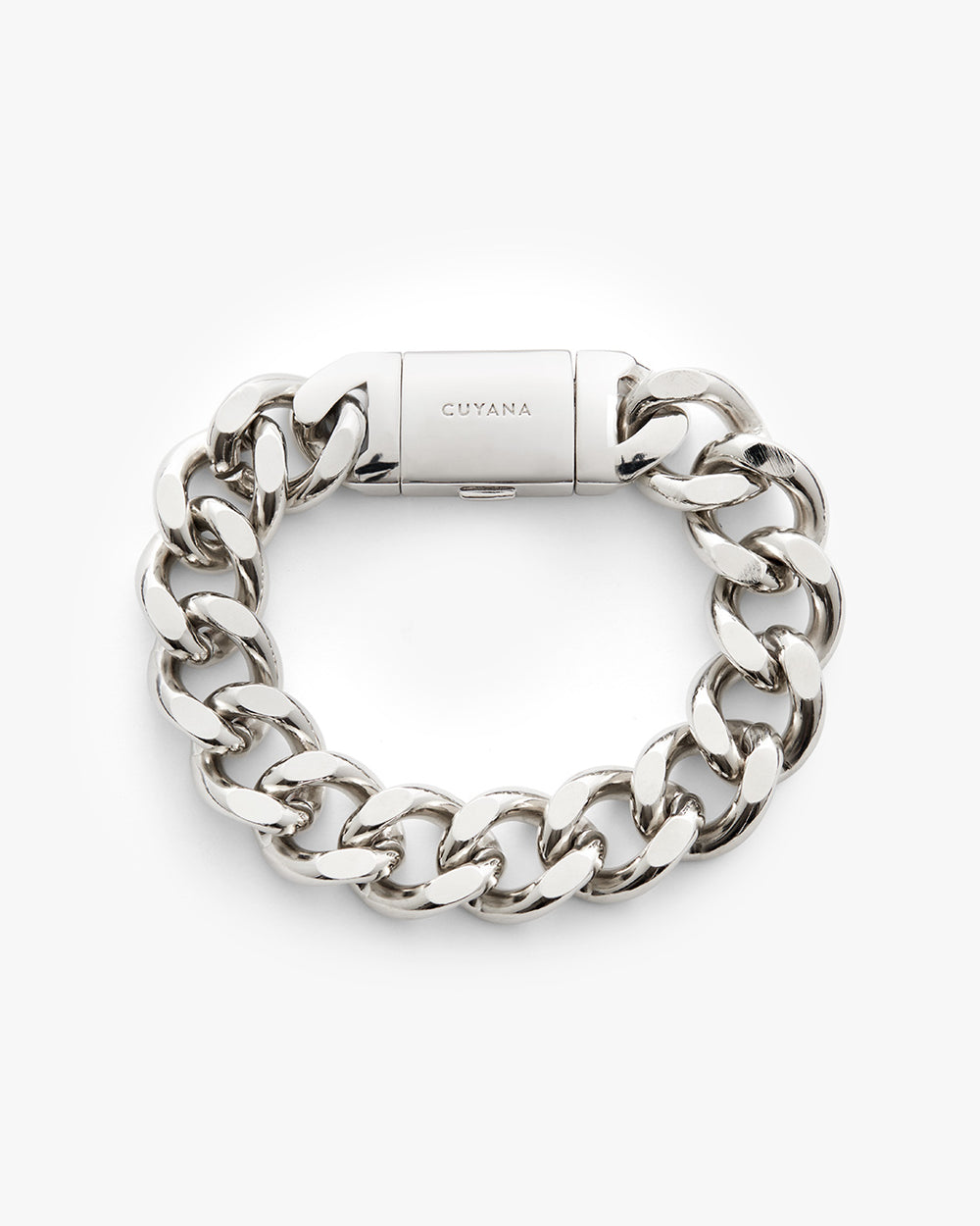 Metal bracelet with thick chain links and a clasp closure.