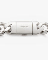 Close-up view of a metal clasp linking two chain sections.