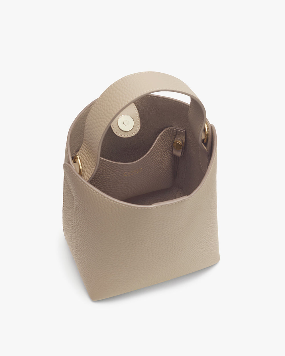 Mini Linea Bucket Bag Open handbag with visible interior and zipper pouch.