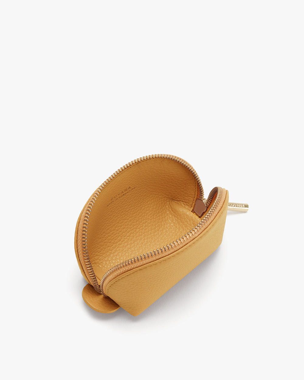 Open small pouch with zipper on a plain background.