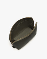 Open leather bag with a zipper on a white background.