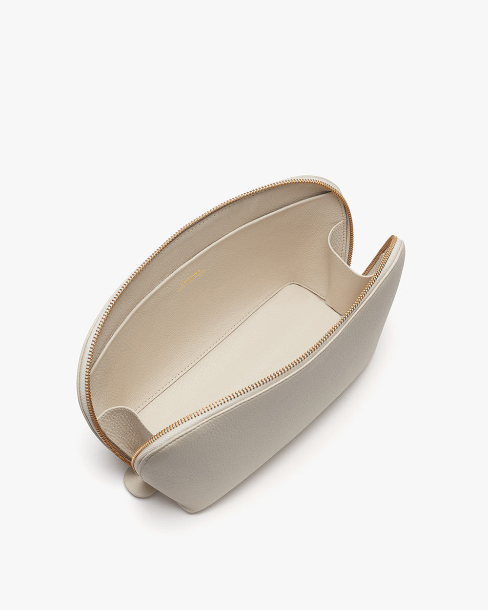 Open small zippered pouch on a plain background.