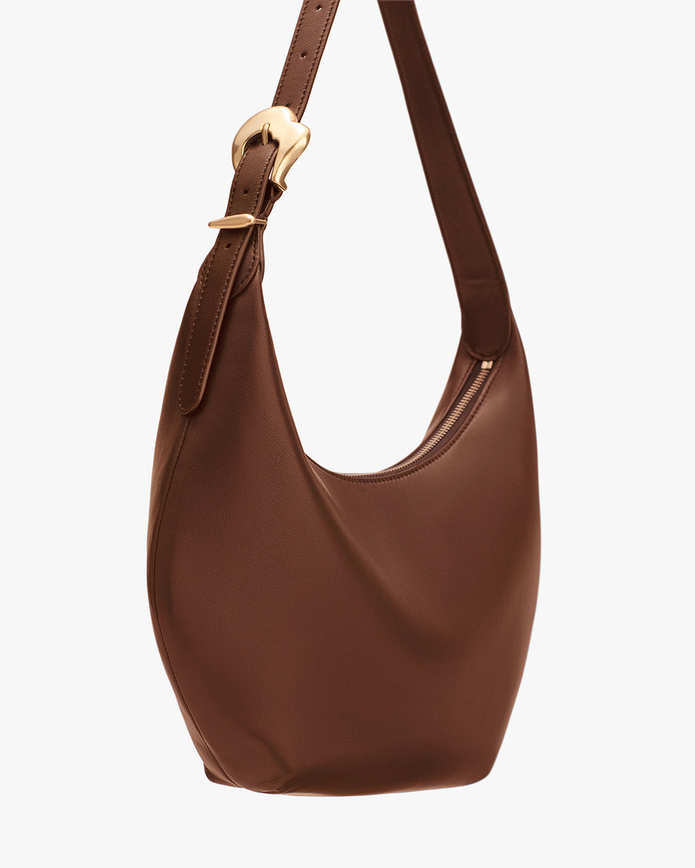 Shoulder bag with a curved base and a buckle on the strap.