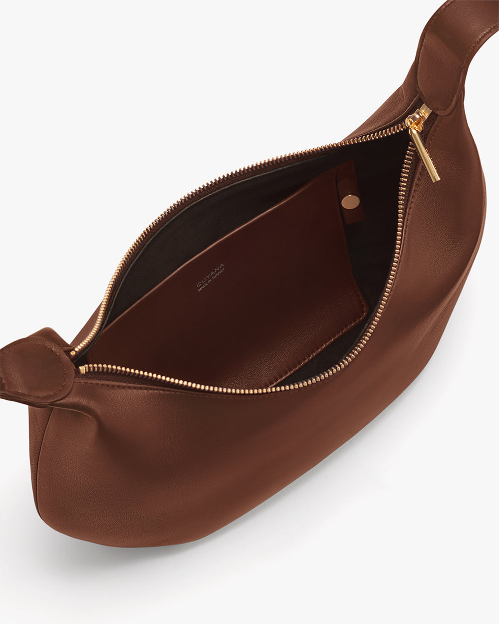 Open handbag with zipper and visible interior pocket.